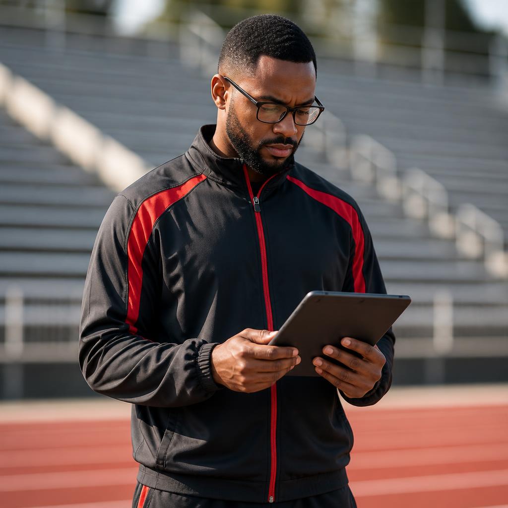 Track coach reviewing the roster on a tablet in front of bleachers