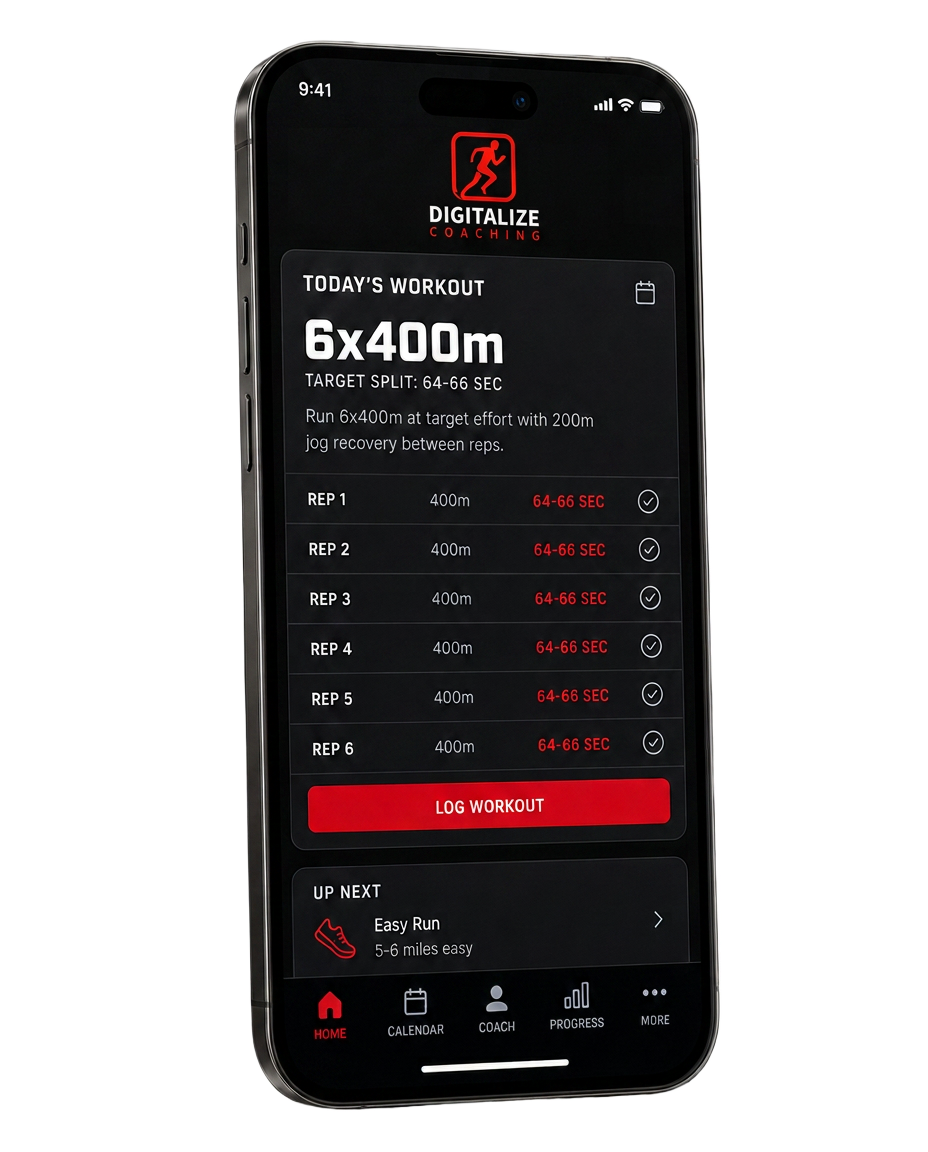 Digitalize Coaching mobile app showing today's workout and rep breakdown