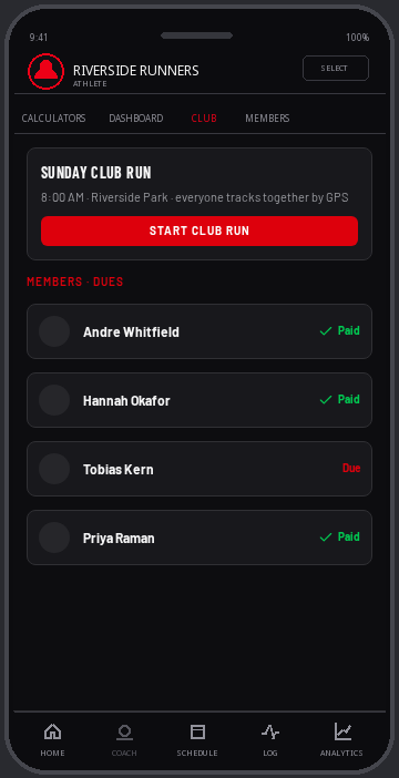 Club members, group run start and dues tracking