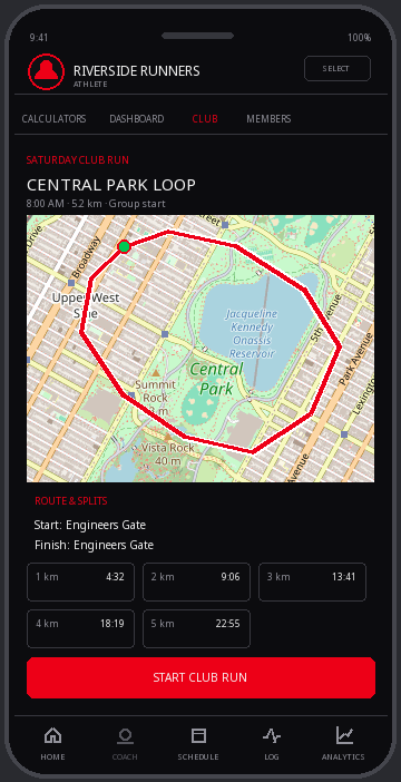 Mapped running club course with target splits
