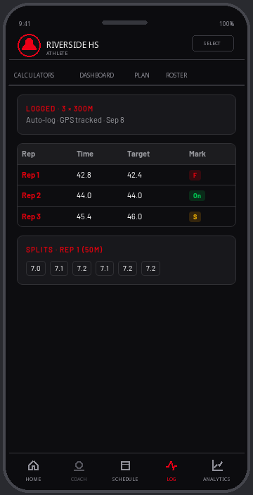 Auto-logged workout with split times and pace marks